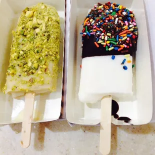 Cappuccino gelato stick with white chocolate dipping + pistachio topping&amp;coconut gelato with half dip milk chocolate + sprinkles