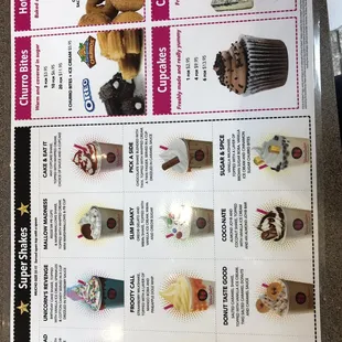 Super shakes, churro bites, cupcakes, hot donuts, cheesecakes menu