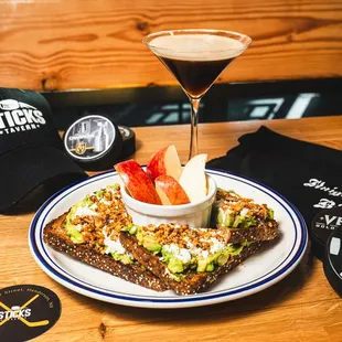 Avocado toast with an espresso martini.