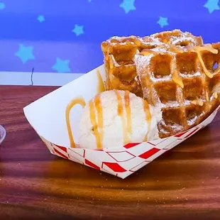 Churro dessert waffle: Everything comparable to a churro, on a waffle! Cinnamon, sugar, caramel, and vanilla bean ice cream
