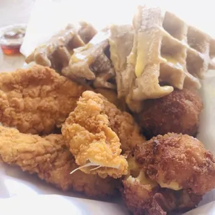 Chicken and waffle with mac n cheese bomb