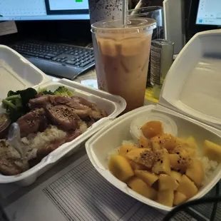Honey chicken, mango, thai iced tea