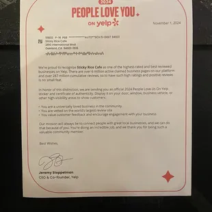 Yelp 2024 People Love You Certification