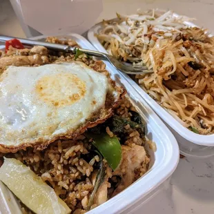 Basil fried rice with chicken and beef pad thai