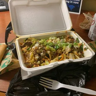 Drunken noodles, egg rolls, sticky rice nuggets with beef jerky