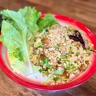 Crispy Rice and Pork Lettuce Wraps Salad