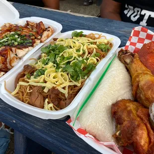 L to R: Teriyaki chicken on rice, kua mee fried noodles, and chicken &amp; quarter with sticky rice
