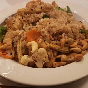 Vegetable Stir Fry with tofu and cashews. I ate it all gone and dried the plate with my big fat tongue too!