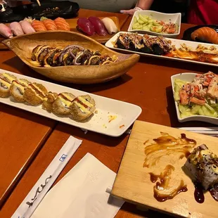 Assorted sashimi, King Kong roll, Crazy Monkey Roll, half &amp; half salad, Captain Crunch Roll and Hot Mess Roll!!!