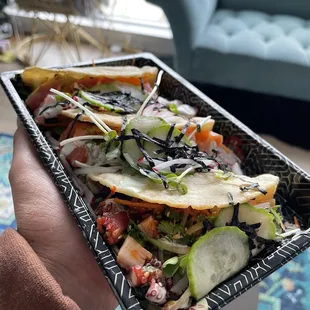 Tacos (salmon, tuna, octopus)