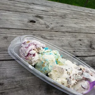 Ice cream flight - moose tracks, birthday cake, cookie dough and blueberry pie