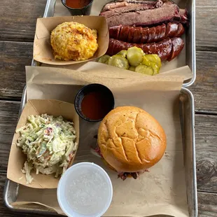 Brisket, Sausage, Pulled Pork Sandwich, Corn Casserole, Cole Slaw
