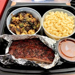 1 meat: BBQ ribs, Brussel sprouts and Mac &amp; cheese