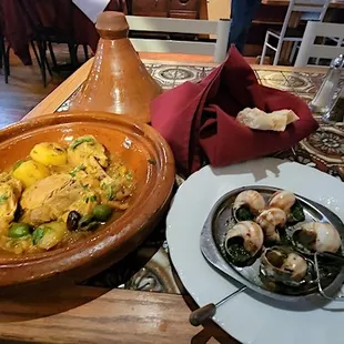 Tajine of chicken with preserved lemon and green Greek Olives. Plus 6 escargot and a glass of Cote de Rhone rose.