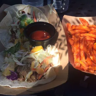 Pulled Pork Street Tacos w/Mint Peach Slaw &amp; Sweet Potato Fries