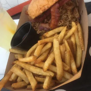 Pulled pork, sausage, bacon and fries