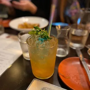 a drink and a plate of food