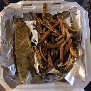 This is supposed to be a piece of flounder and the other stuff is supposed to be fries! How sad is that?!