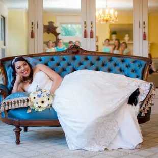 This is such a great couch and the mirror allows the Bridesmaids to be in the shot as well.