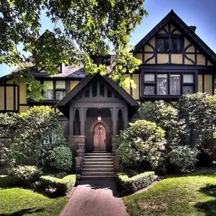 Front entry view of the elegant and unique Stimson-Green mansion