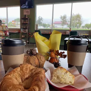 Pumpkin spice lattes with a jalapeño biscuit and butter croissant