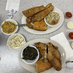 Flounder, scallops, oysters with sides..