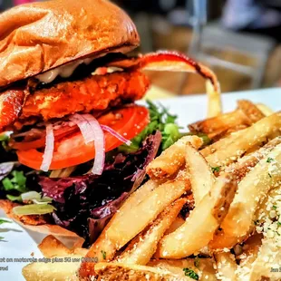 "Crispy Chicken BLT". Chicken Fritter w/ Apple Smoked Bacon, Lettuce, Tomato, Red Onions &amp; Buttermilk Ranch Dressing + French Fries.