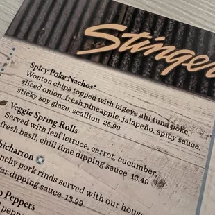 Menu showing ahi tuna poke