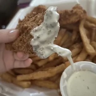 Hand, ranch, chicken, and fries