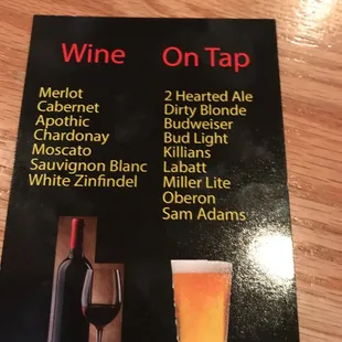 a menu for wine on tap