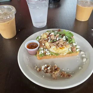 Avocado toast + iced almond milk lattes