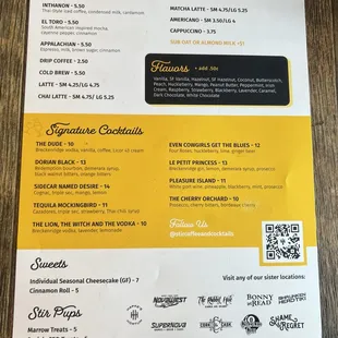 Coffee and drink menu plus desserts