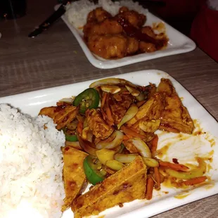 Fried tofu with mala sauce (front) general tsos chicken(Rear)
