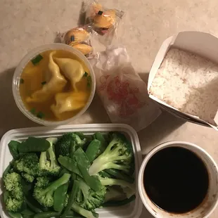 yummy looking steamed veggies and wonton soup
