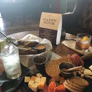 Pretzels, charcuterie board, yummy drinks!