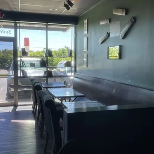 a table and chairs in a restaurant