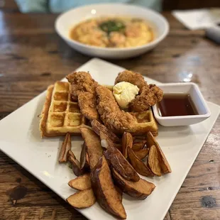 Chicken and Waffles with potatoes  Shrimp and grits