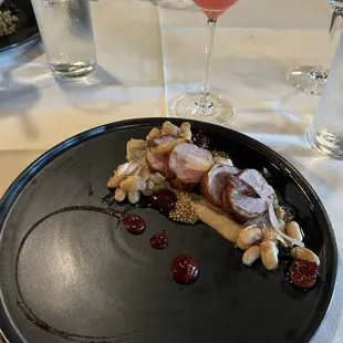 Pork entree (delicious) from chapter 4 and a almost gone great Gatsby martini (also delicious)