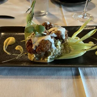 Corn fritter-y appetizer from chapter 4 of the menu