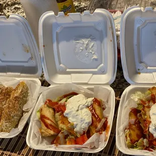Elote, Fried Chicken Tacos, Fried Beef Tacos