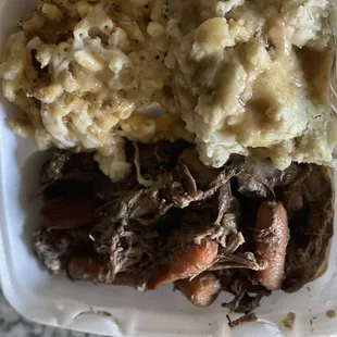 Baked Mac N Cheese, Garlic Mashed Potatoes With Gravy, Pot Roast