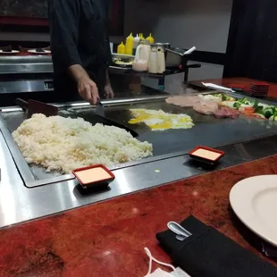 Egg, rice , chicken and steak