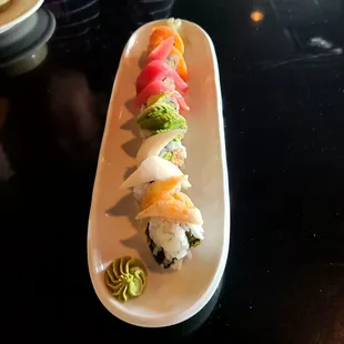 a plate of sushi and rolls on a table