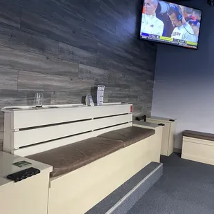 Bench seating around the pool tables