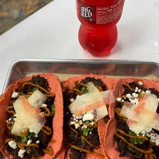 Big red infused tortillas and barbacoa tacos