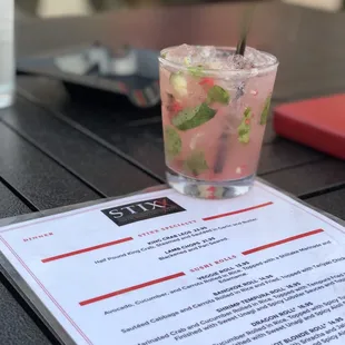 Peach Fabulous- Svedka Peach Vodka, Mio Sparkling Sake, Cucumber, Raspberries, Sour, Mint