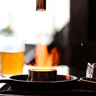 a glass of beer and a piece of cake