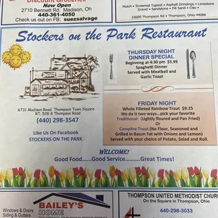 Placemat with weekend specials.