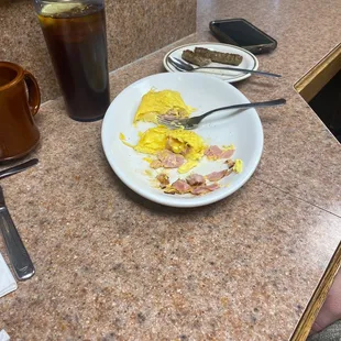 Ham and cheese omelette and sausage links