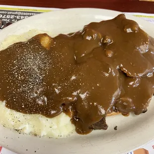 Open-faced roast beef with mashed potatoes. A+
